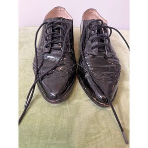 Patent Leather Pointed Toe Oxford Lace Up Flats Black Brogue Women's Dress Shoes